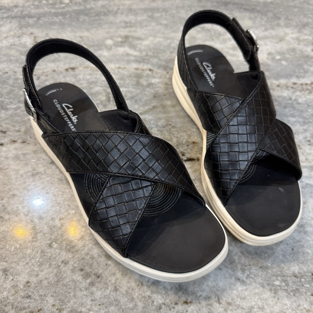 Clarks Cloudsteppers Drift Sun Black Woven Women's Sandals Size 10 M Cushion